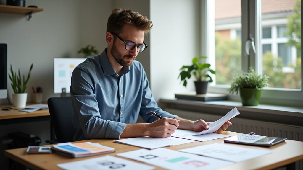 Designer aan het werk met typografische schalen en color swatches op bureau